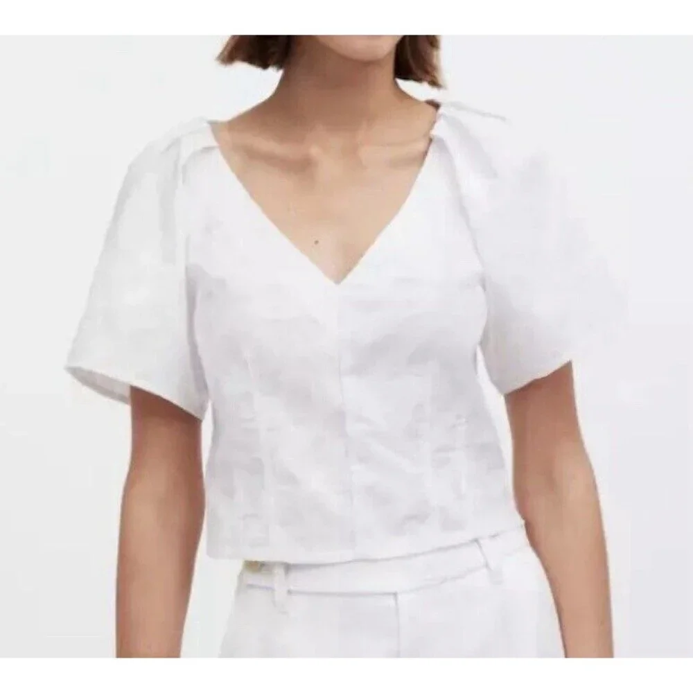 MADEWELL Crop V-Neck‎ Floral White Top Puff Sleeve CottageCore SIZE 0 NWT